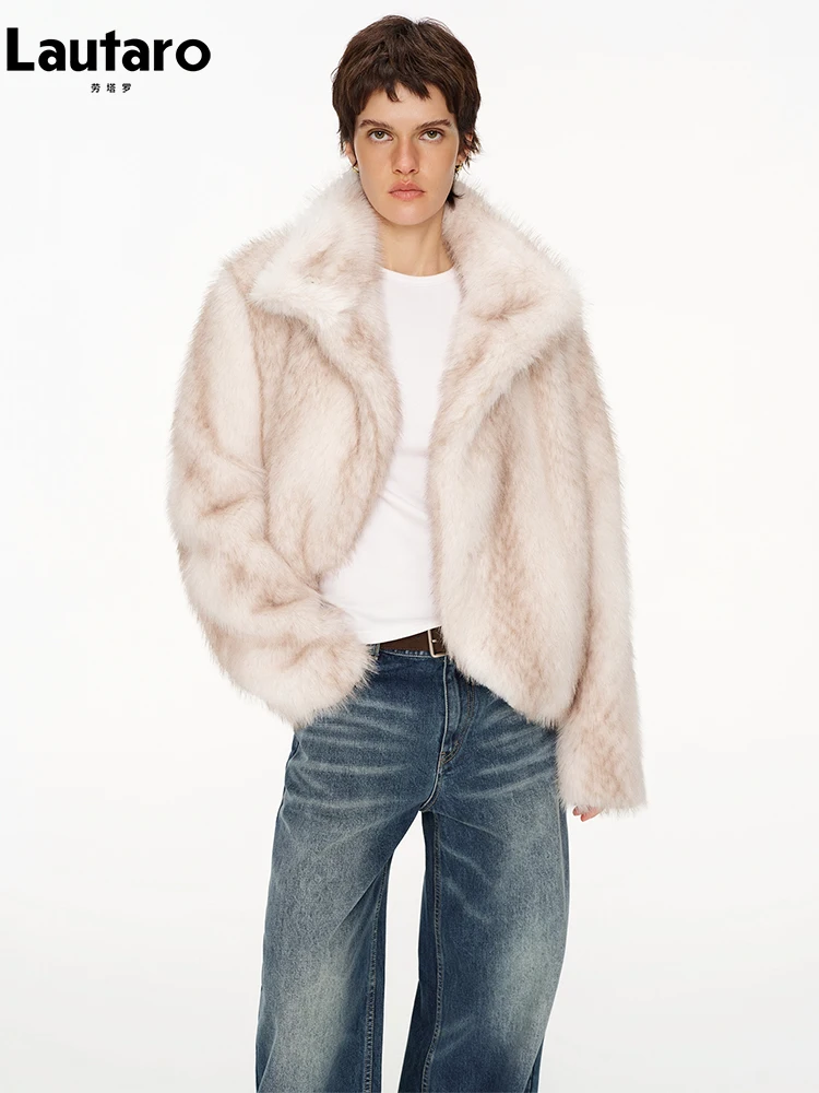 

Lautaro Autumn Winter Thick Warm Soft Short Faux Fox Fur Coat Women Stand Collar Elegant Luxury Designer Fluffy Jacket 2026