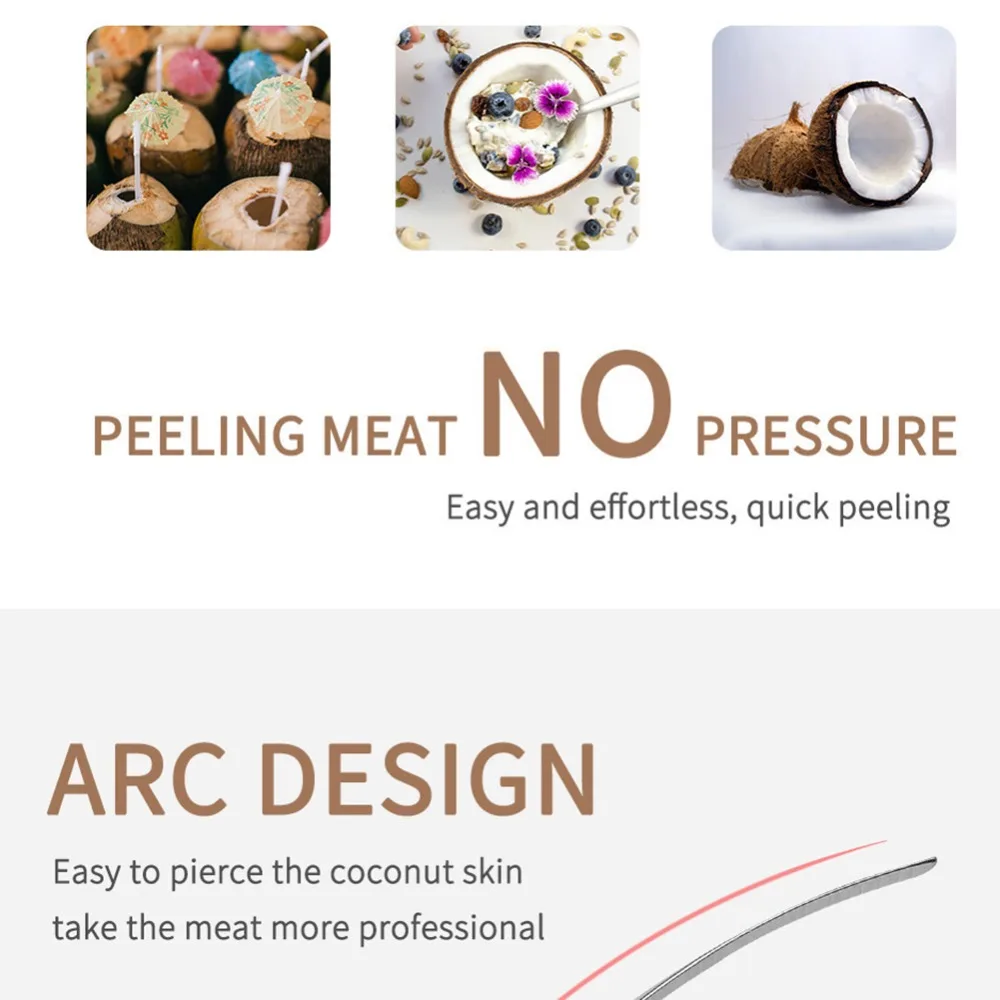 Wooden Handle Coconut Opener Tool Brown Silver Durable Coconut Meat Remover Rust Proof Stainless Steel Shell Opener