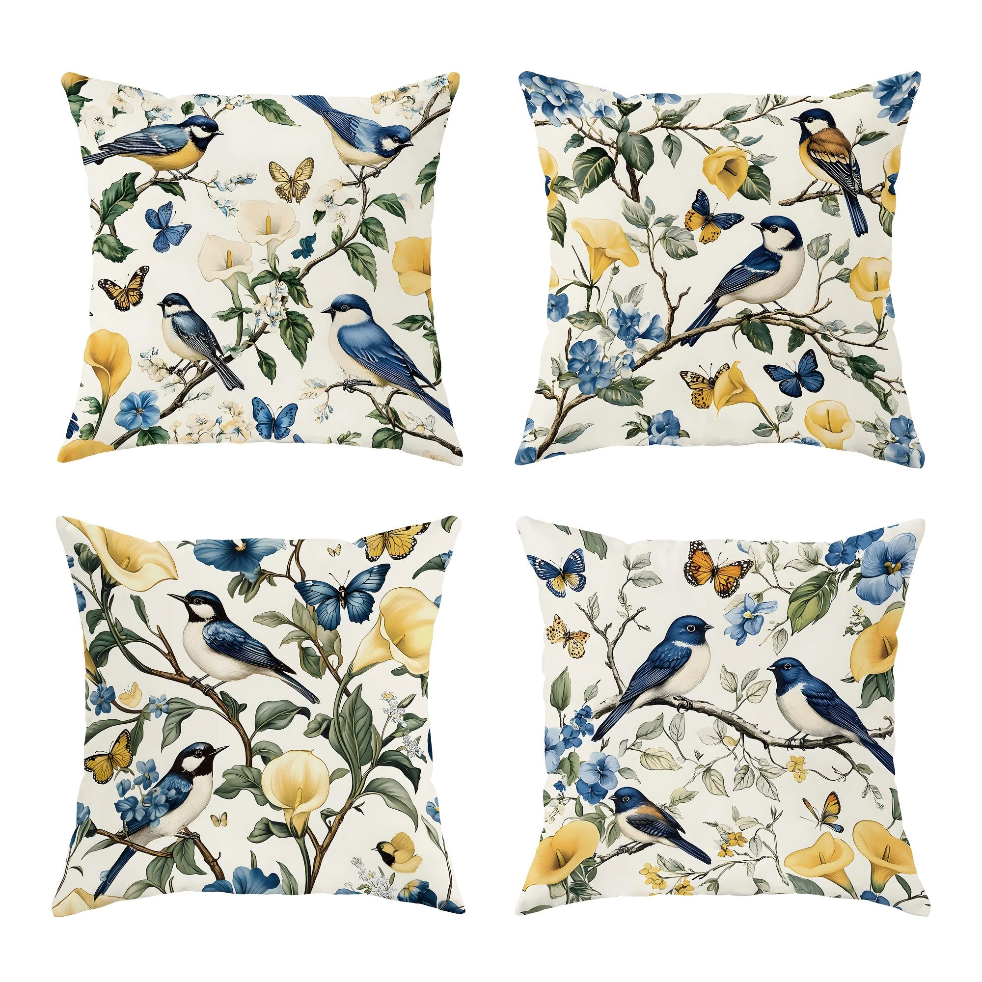 Decorative Floral Bird Pattern Pillowcase Set 4 Pack 40x40cm Throw Cushion Cover for Home Decor Living Room