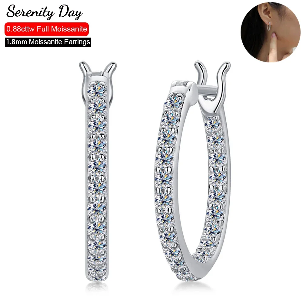 Serenity Day 0.88cttw Real D Color 1.8mm Full Moissanite Hoop Earrings For Women S925 Sterling Silver Plate Pt950 Fine Jewelry