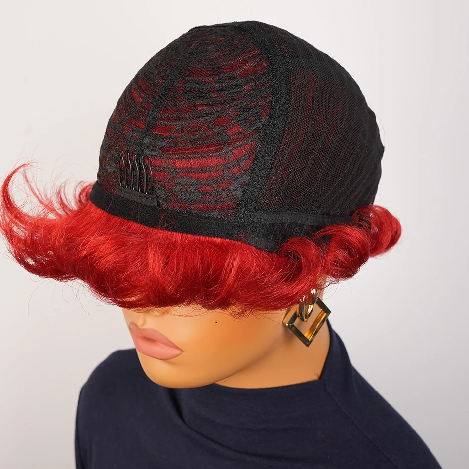 باروكات قصيرة بقص عابث للنساء ذوات البشرة السمراء، باروكة من شعر بشري ريمي بورجوندي مع غرة مصنوعة آليًا للاستخدام اليومي #6