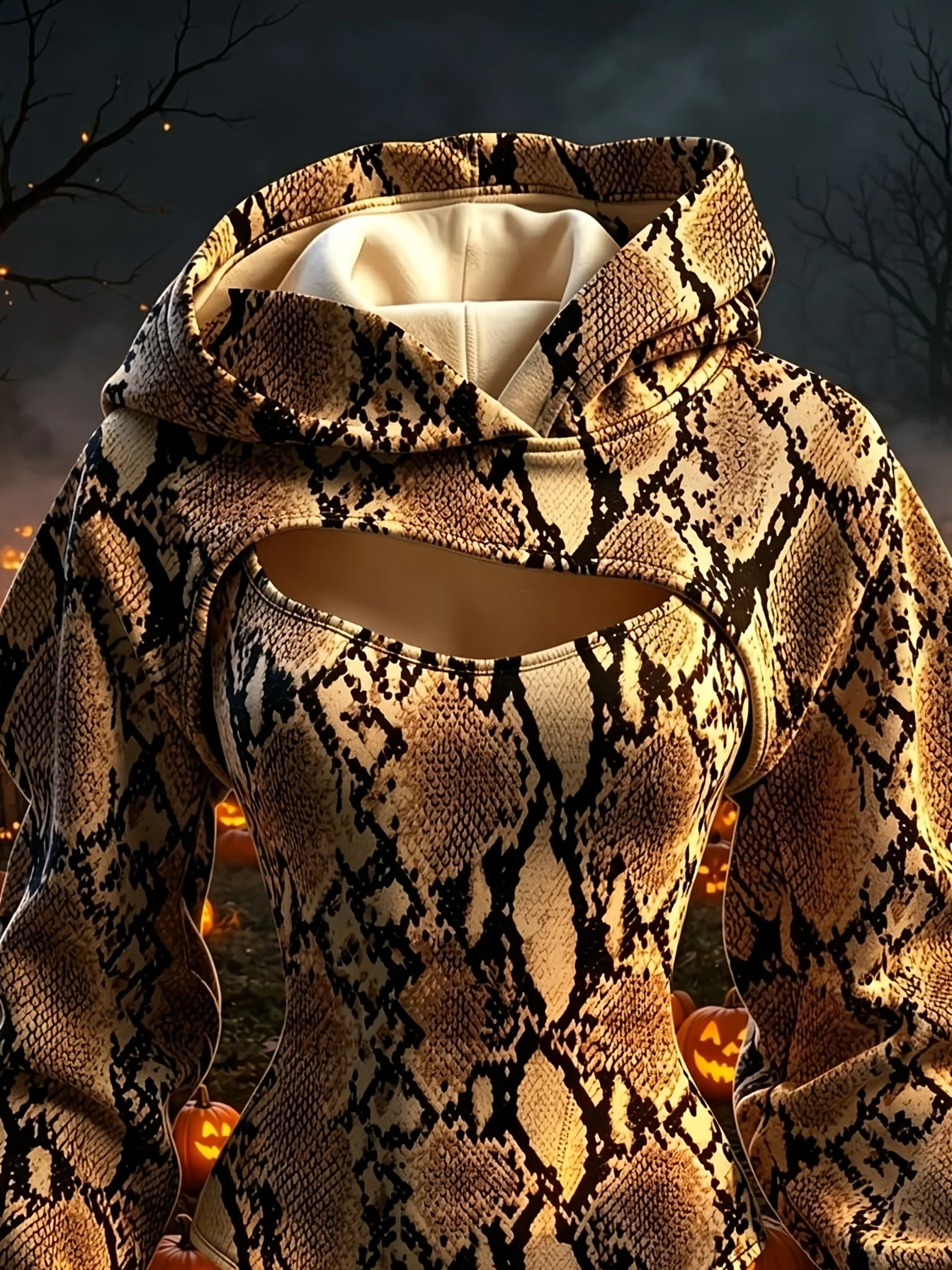 Women Halloween Snake Skin Print Double Hood Bodysuit Hollow Out Long Sleeve Slim Hoodie