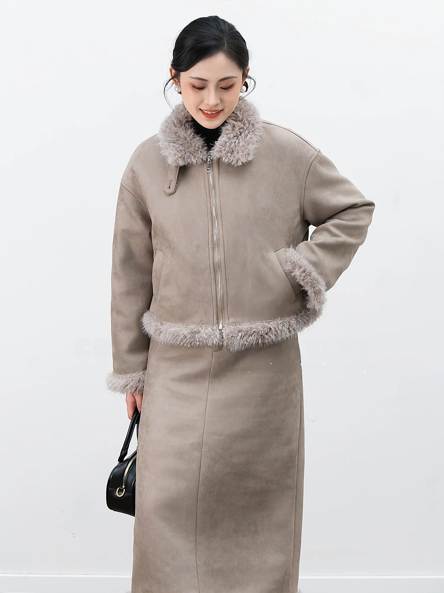 

Chelzy замшевый комплект с юбкой-джатом, женский зимний винтажный комплект из двух предметов высокого класса, роскошный теплый тонкий длинный све