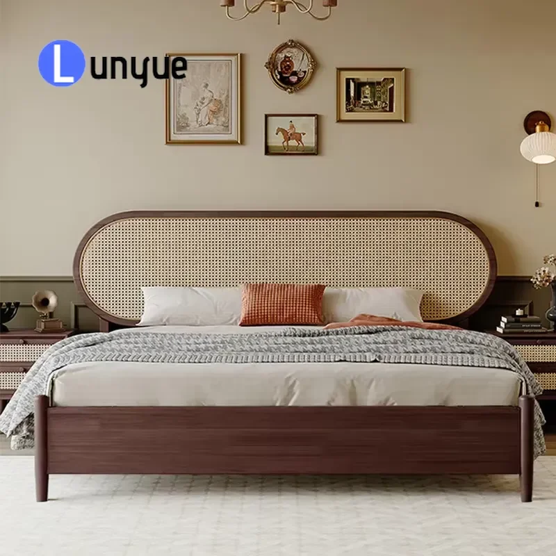 Nordic Solid Wood Rattan Bed Retro Style Double Bed Modern Minimalist Design Sturdy Frame Comfortable Sleeping Furniture for