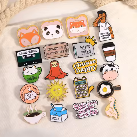 Funny Coffee Milk Cat Animal Enamel Pins Girls Just Wanna Have Fun Choose Happy Letter Brooches