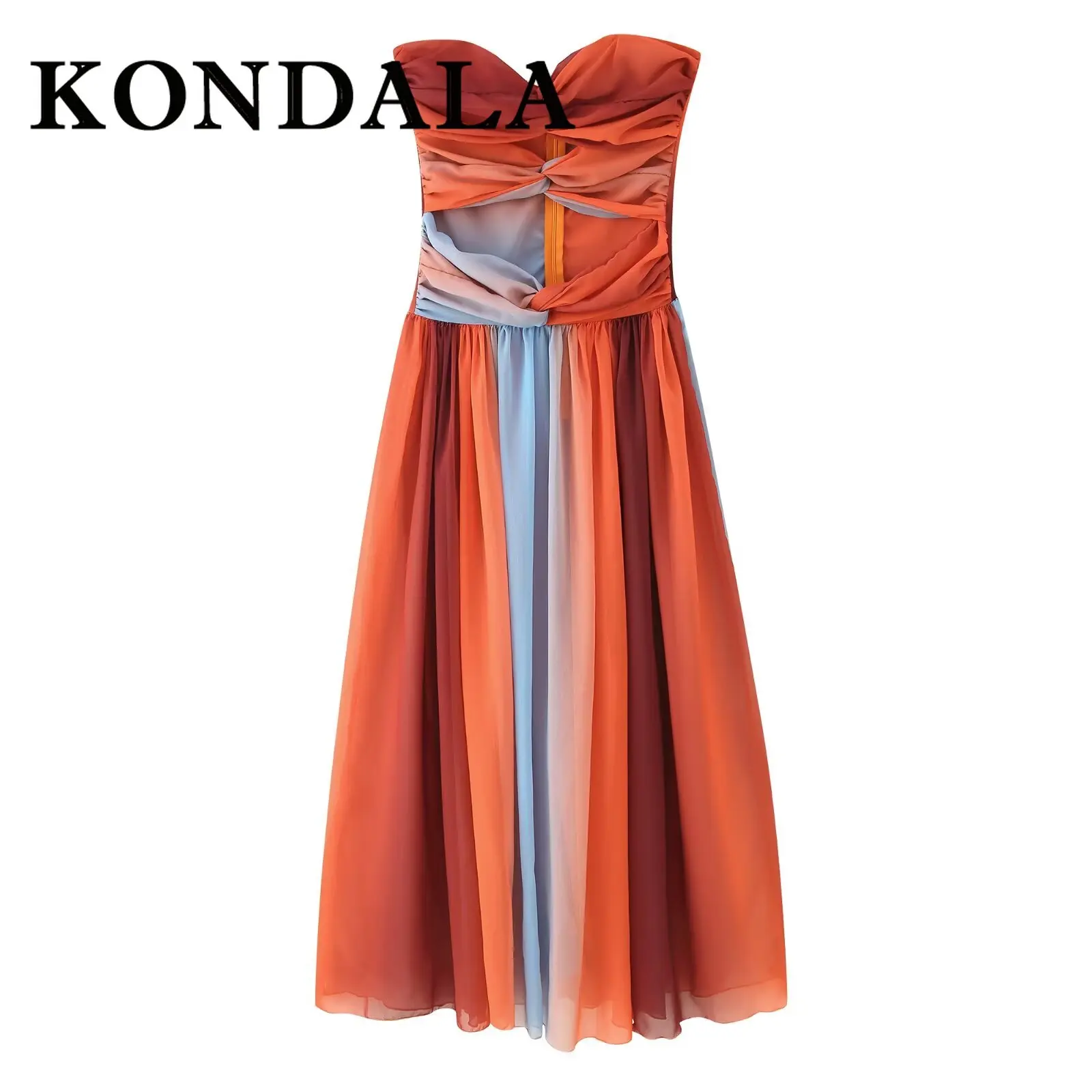 KONDALA Fashion 2025 Damskie Sukienki Wzorzyste na Wakacje Wiosenne Bez Ramiączek z Wycięciami Dopasowane Długie Sukienki na Zamek Błyskawiczny Seksowne Sukienki Damskie z Efektem Drapowania Eleganckie