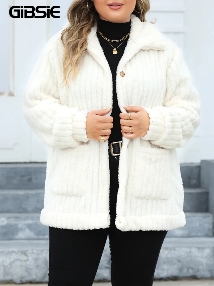 GIBSIE Plus Size Solid risvolto monopetto giacca di peluche donna autunno inverno manica lunga pelliccia sintetica Teddy Coat Warm Outwear