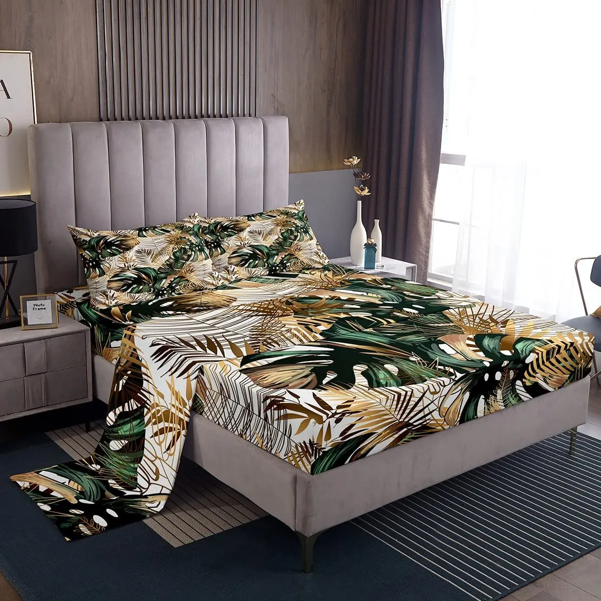 

Gold Palm Tree Leaf Sheet Set Twin Tropical Botanical Bedding Set Watercolor Retro Plant Bed Sheets for Kids Teens Men Women