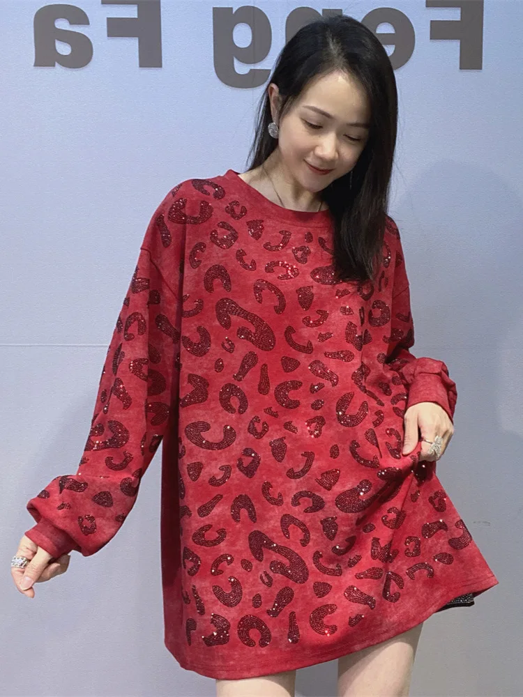 

Женская мода с длинным рукавом средней длины толстовка со стразами свободный круглый вырез плюс размер топ с длинным рукавом повседневный утягивающий топ