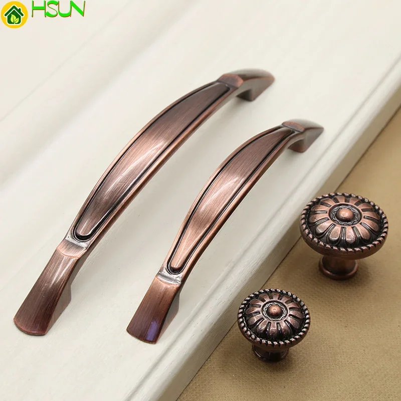 2 pcs Antique handle zinc alloy round European furniture double hole drawer cupboard door red bronze handle