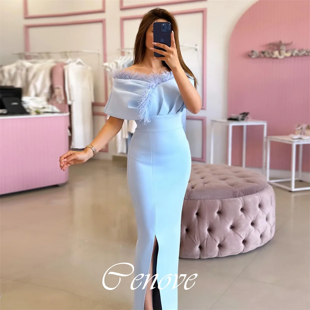 Cenove 2024 Arab Dubai Short Sleeves Prom Dress Floor-Length With Feathers  Evening Fashion Elegant Party Dress For Girl