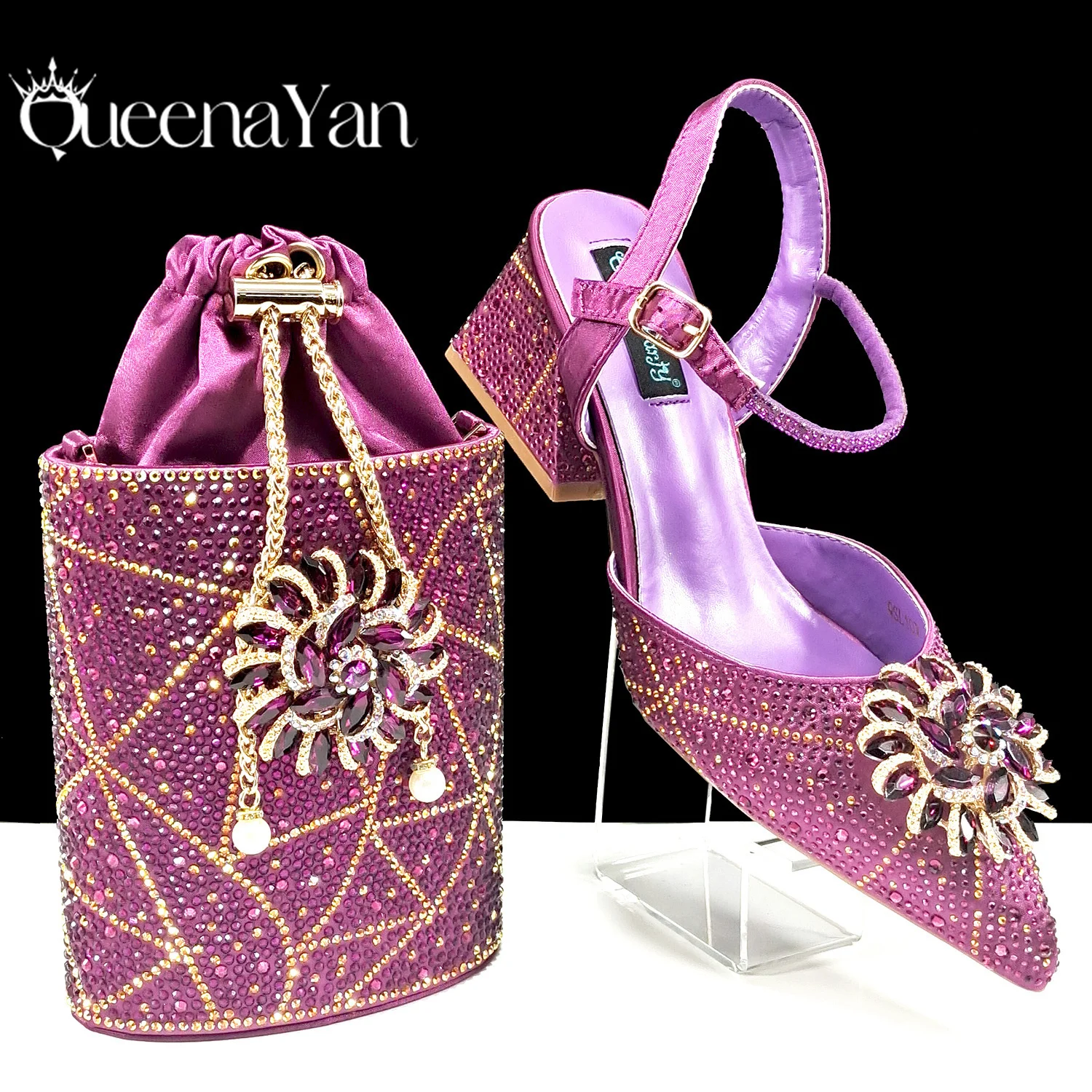 QSGFC 2024 Pointed Toe Women High Heels Shoes and Bags for Women Purple Rhinestone Party Wedding Glamorous Luxury Fashion Shoes