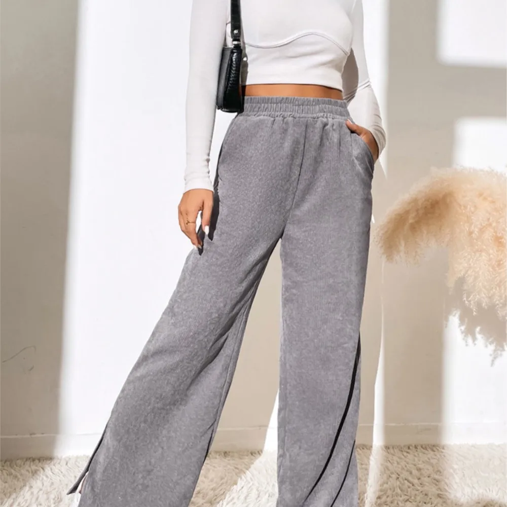 

Autumn Winter Wide-leg Trousers Solid Color Loose Casual Fashion Woman Clothes Elastic Waist High Waist Slit Corduroy Pantalons