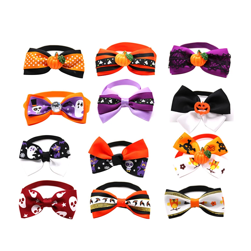 

12pcs Halloween Pet Dog Collar Adjustable Puppy Necktie Bowknot Bell Durable For Small Medium Dogs Outdoor Pet