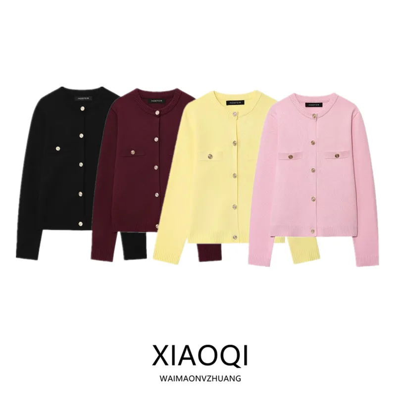 Autumn 2025 Women's Knitted Jacket Golden Button Versatile Commute Outerwear Soft Medium Thickness Long Sleeve round Neck Sho...
