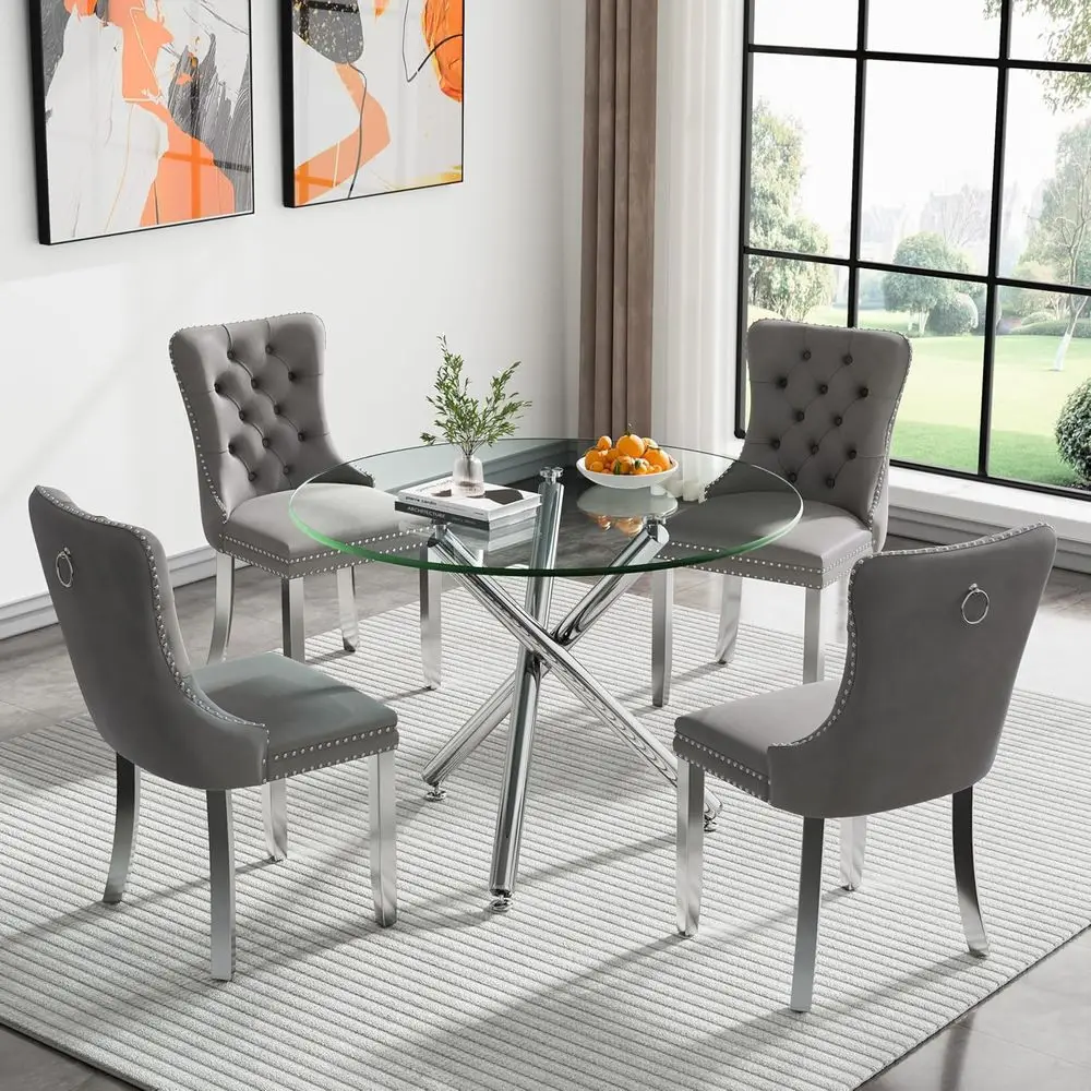 

4-Person Round Glass Dining Table Set with 5-Piece Metal Leg Furniture and Chairs for Kitchen or Dining Room