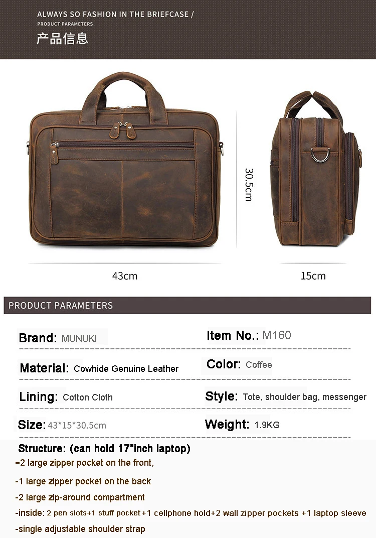 High Quality Genuine Leather Men Briefcase Business Bag Crazy Horse Leather Large 17'inch Laptop Bag Male Portfolio Office Case