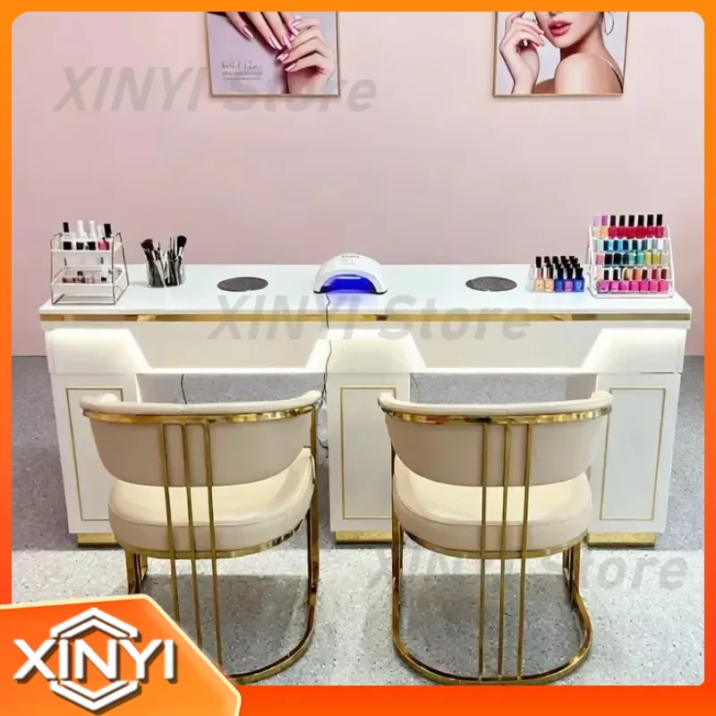 Deluxe Nail Salon Drawer Style Cream Nail Art Table and Chair Set with Fan for  Technician  Furniture  Station