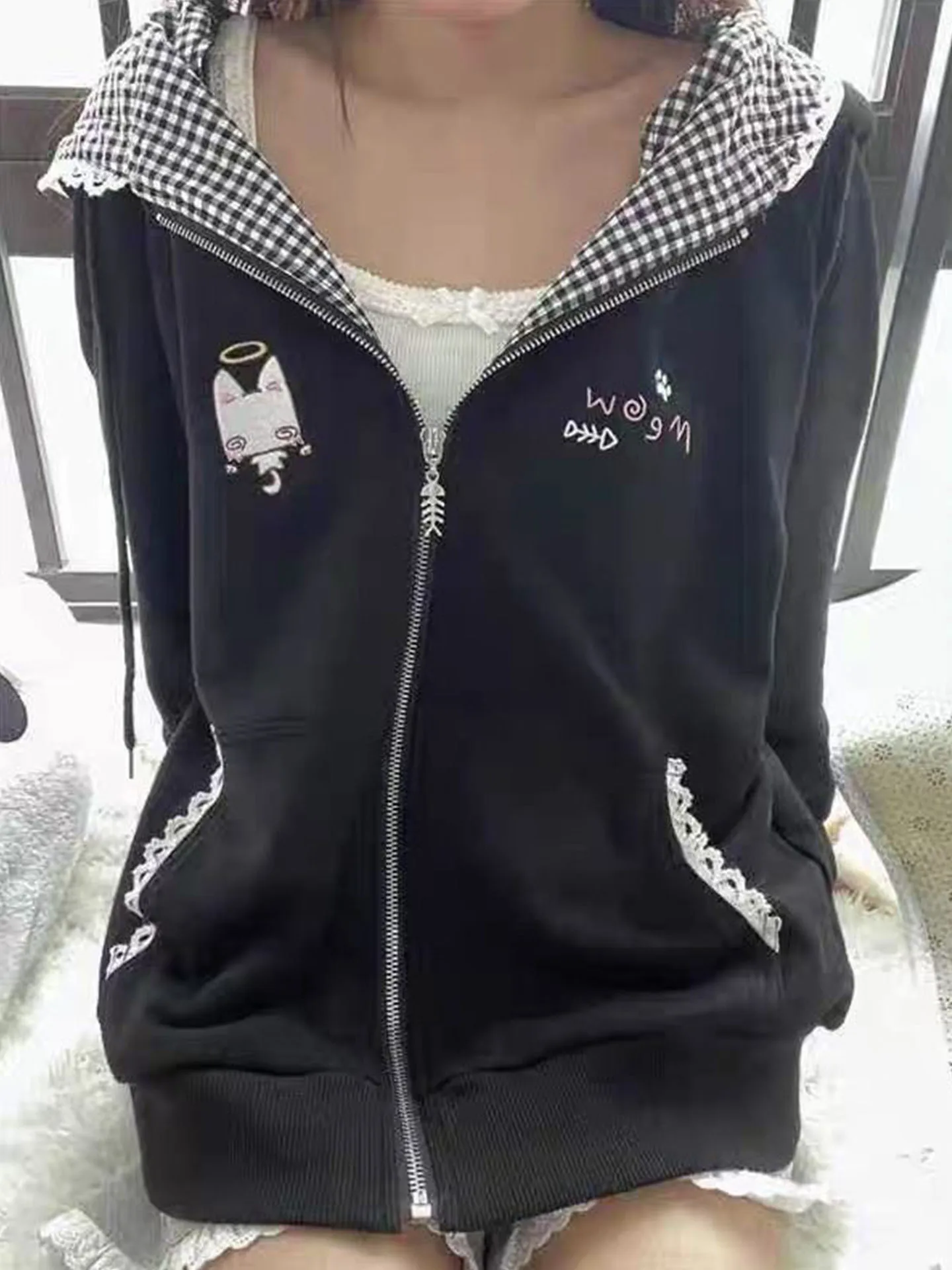 

Свободный кардиган с капюшоном в клетку для женщин, осенняя модная корейская одежда, пальто в стиле Lazy Girl, юбка-трапеция с высокой талией, жакет