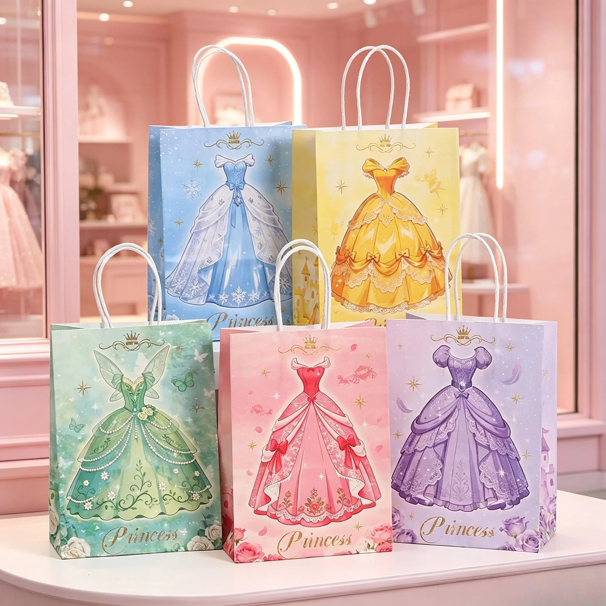 15pcs Gift Paper Bag Princess Dress Pattern Handheld Paper Bags With Handle For Themed Birthday Party Favor Supplies - view 3