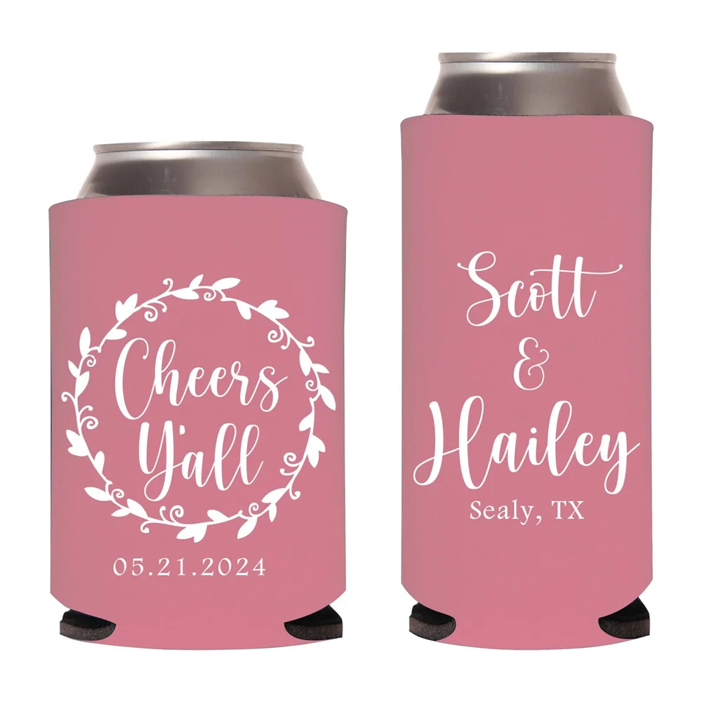 

Cheers Wedding Can Coolers, Custom Wedding Can Cooler favors, Cheers Beer Can Sleeves Wedding Favors, Floral Wreath Wedding Can