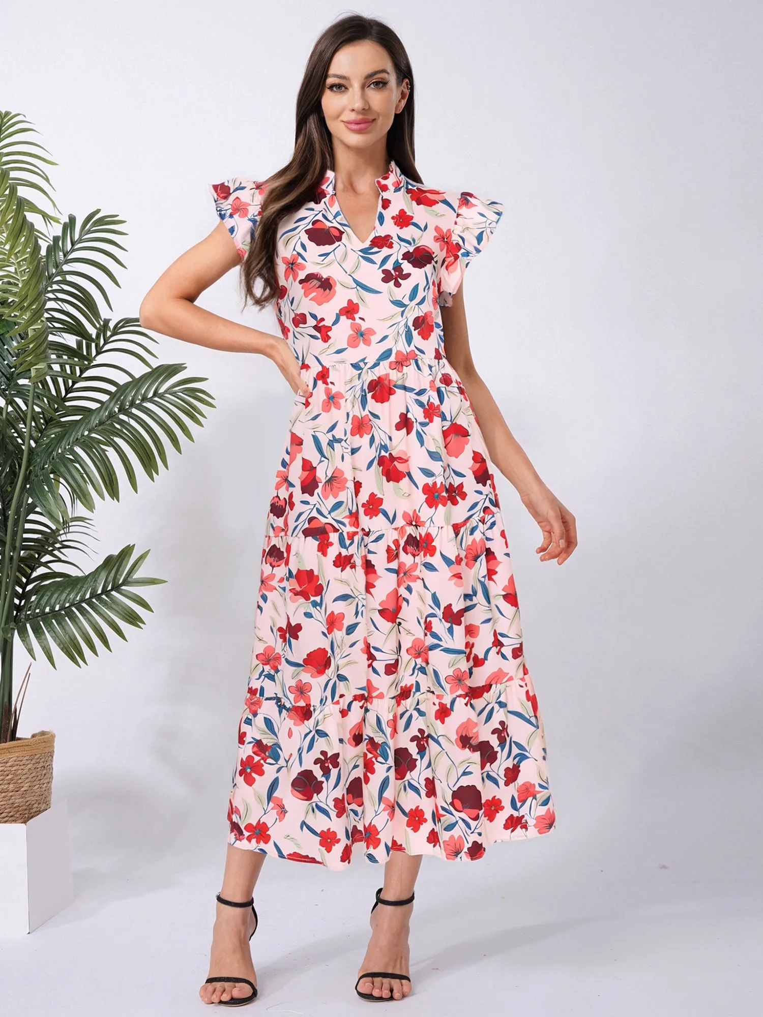 Abito floreale Lady Abiti lunghi da spiaggia da donna Stile Boho Scollo a V Increspato Esci Vacanza Abito da sole Abito casual fluido Prendisole