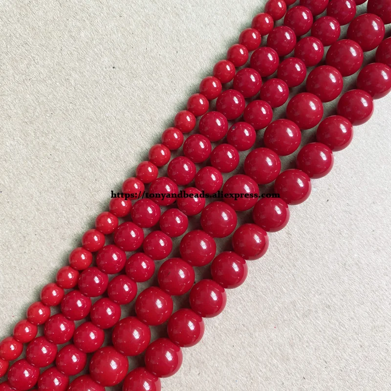 Smooth Red Coral Color Glass Round Loose Beads 15\