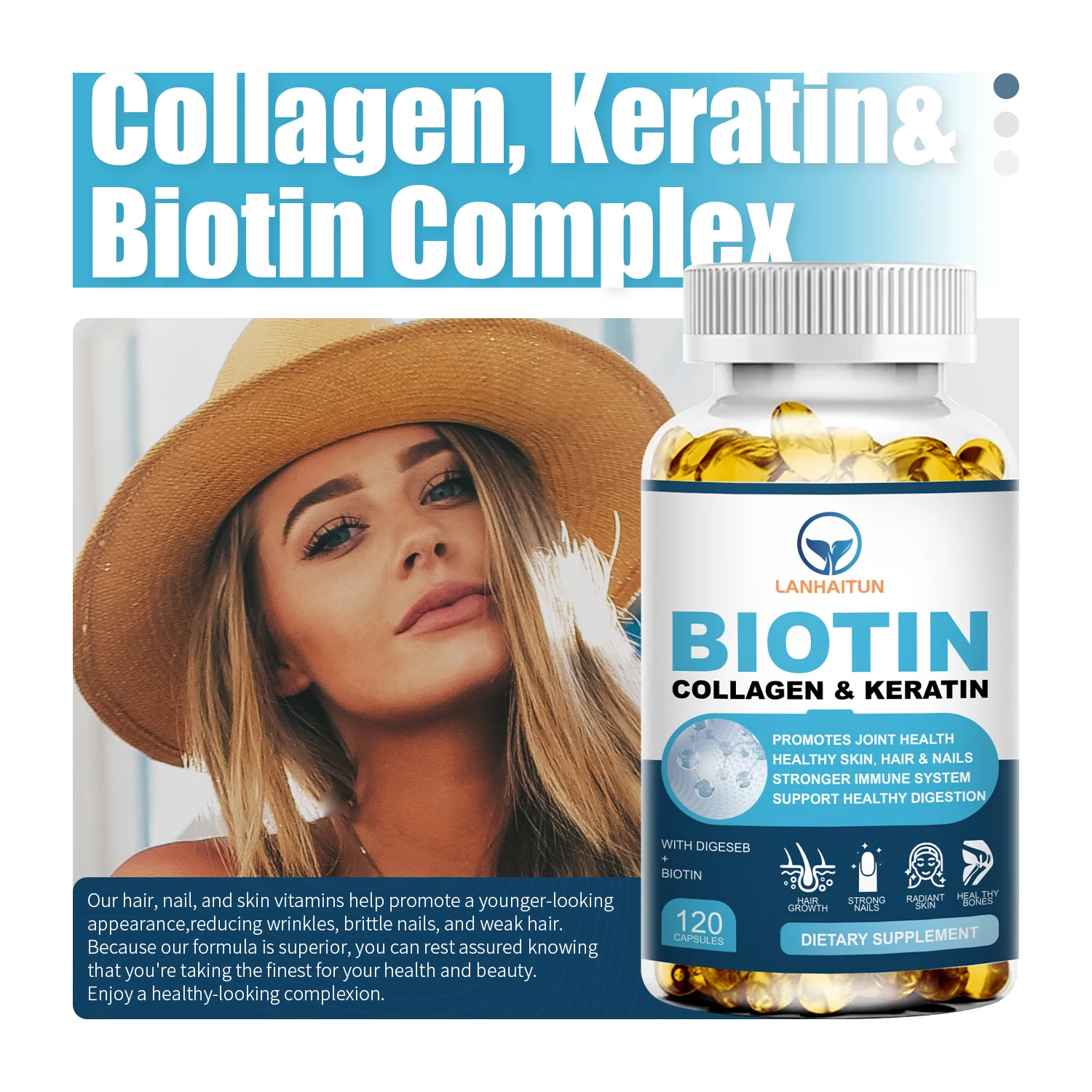 

LANHAITUN Biotin&Collagen Capsules with Keratin For Nails Care, Joint Care, Help Hair Growth, Multivitamin Supplement 120Pcs