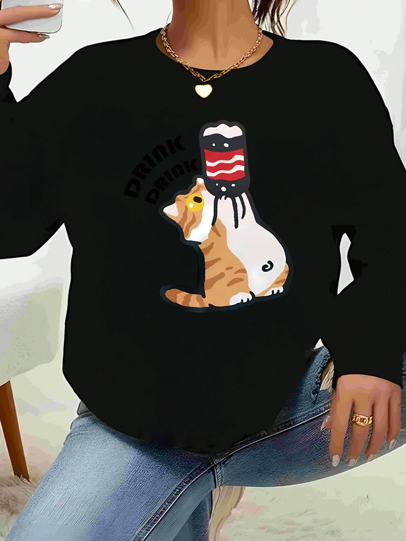 

Cat Drinking Beer Print Halloween Sweatshirt Casual Wear Women