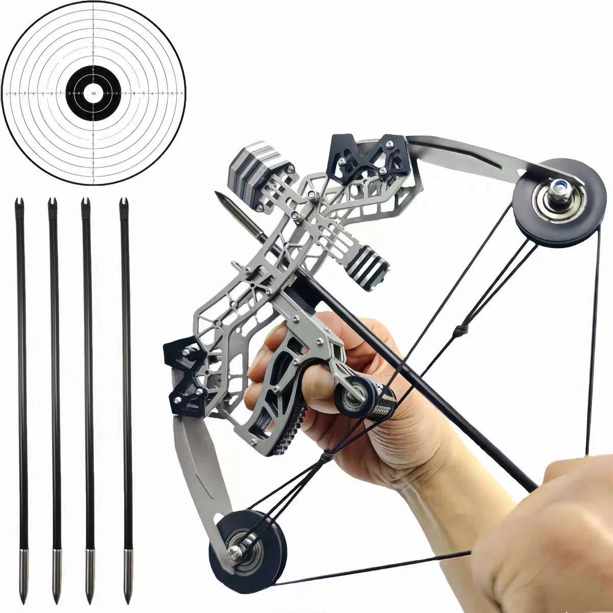 304 Stainless Steel Toy Indoor and Outdoor Shooting Archery Hunting Pulley Decompression Bow and 4 Arrows Mini Compound Bow