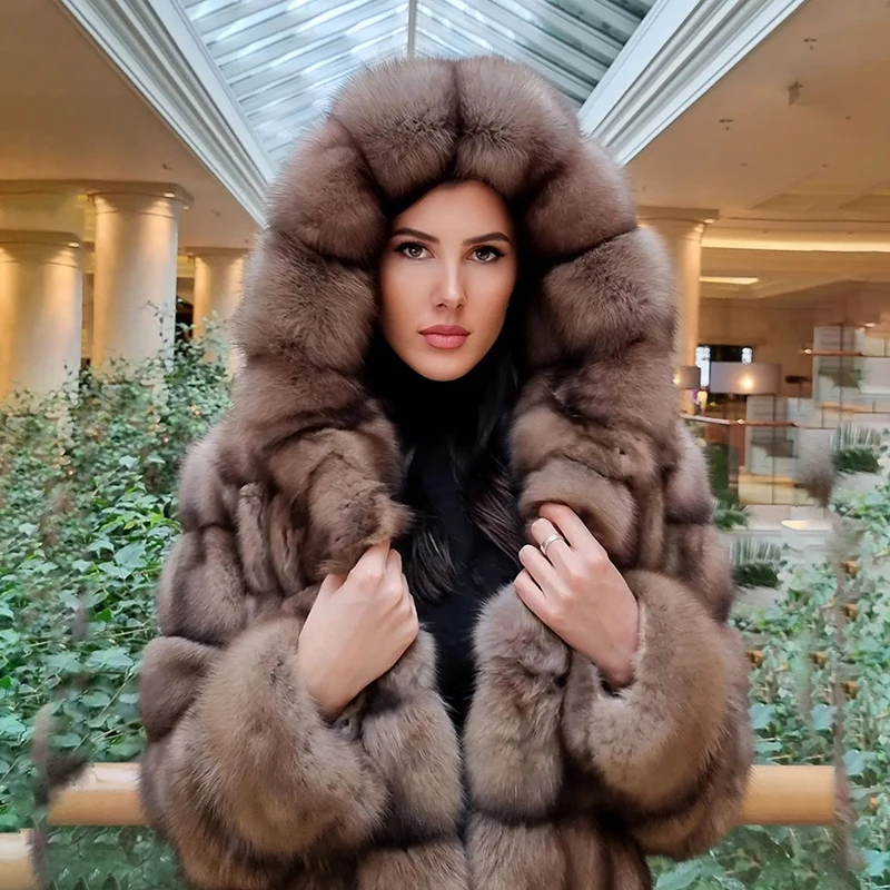 

Straight Hooded Natural Fox Fur Jacket Women vintage Fashion Luxury Warm Outertwear Strip Sewed Woven Real Fur Coat Female