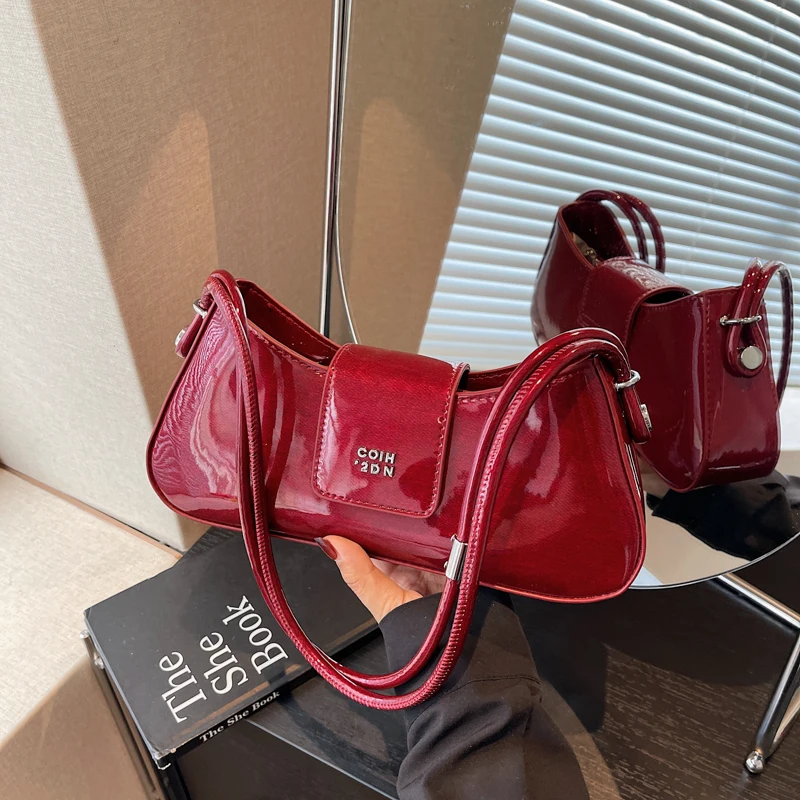 Retro High-Grade Burgundy Shoulder Bag Women's Temperament Fasion Letter PU Leather Underarm Bags Classic Elegant Ladies Handbag