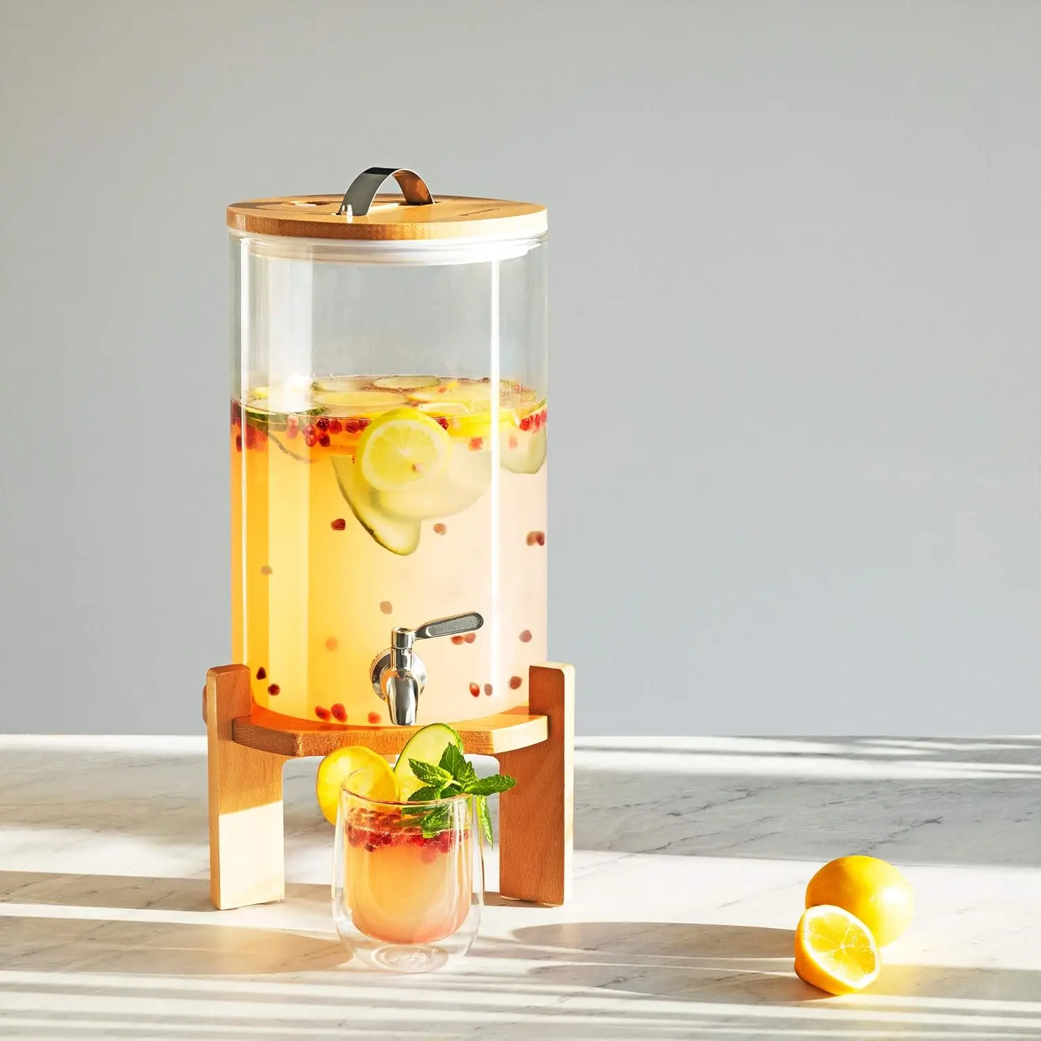 Beverage Dispenser with Stand - 1.8 Gallon (7L) Glass Drink Dispenser with Spigot, Lid, Beech Wood Stand for Hot or Cold