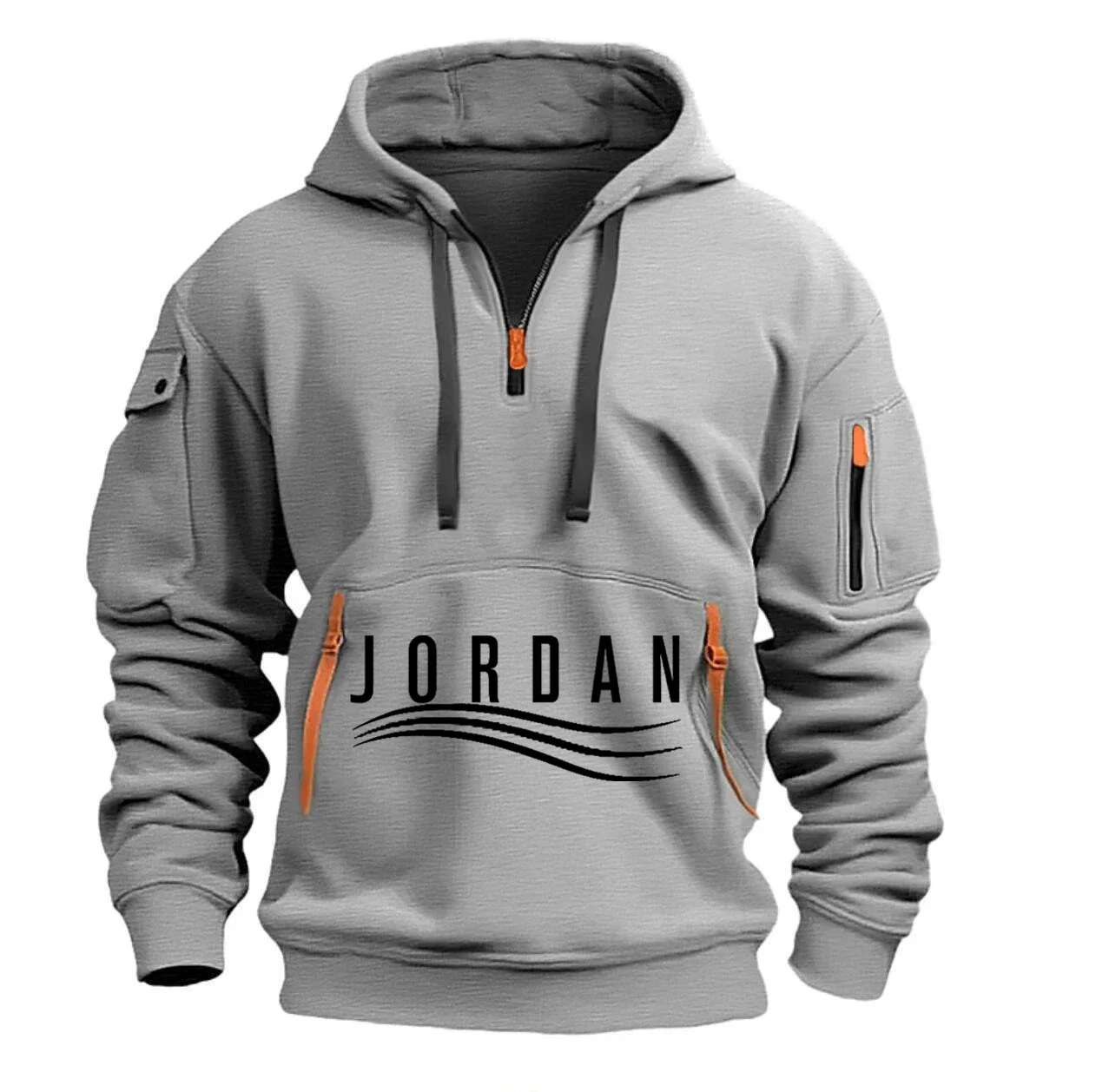 Men's hooded sweatshirt with multiple pockets, printed hooded fleece sweatshirt, spring and autumn loose fit pullover hoodie