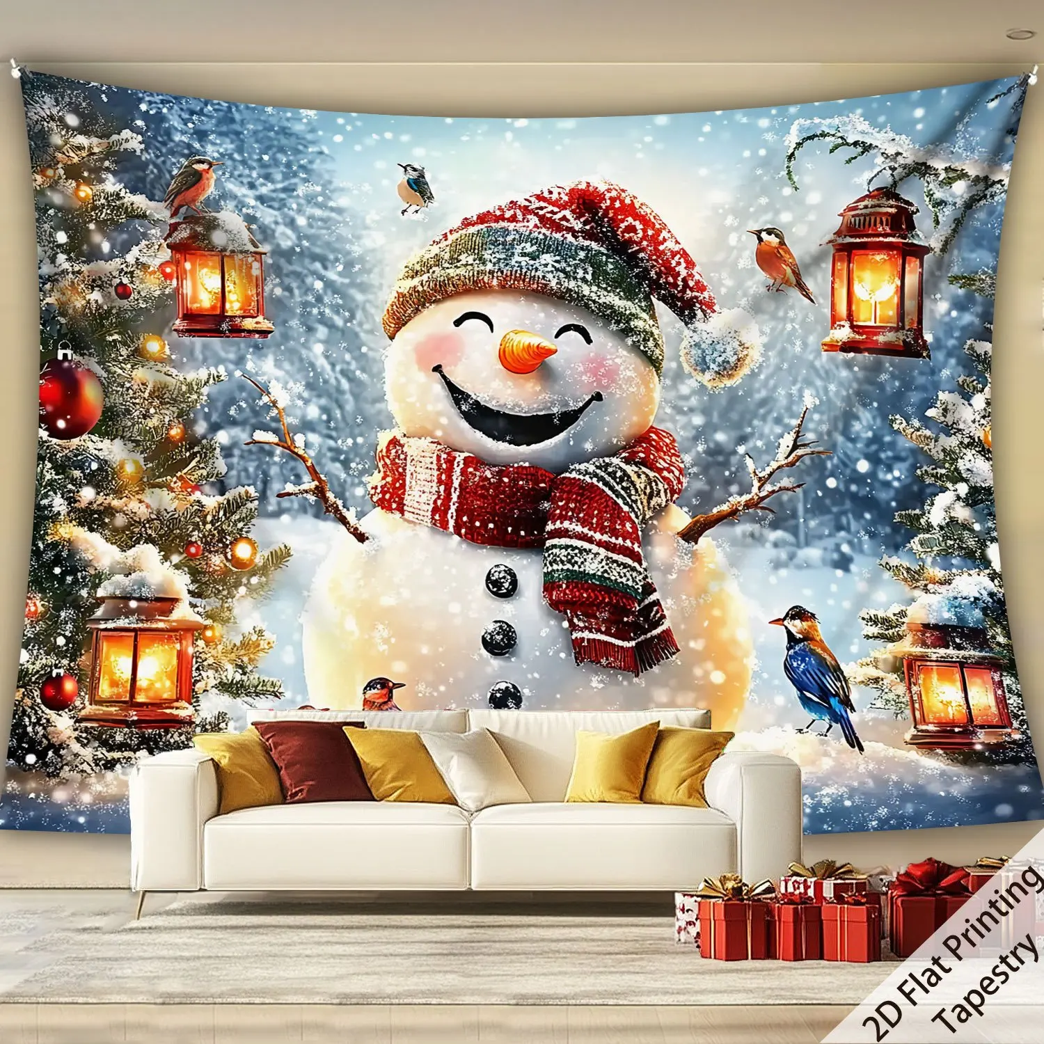 xtra Large Snowman Tapestry - Winter Wonderland Wall Hanging with Snowflakes & Lanterns,for Living Room Bedroom Christmas Decor