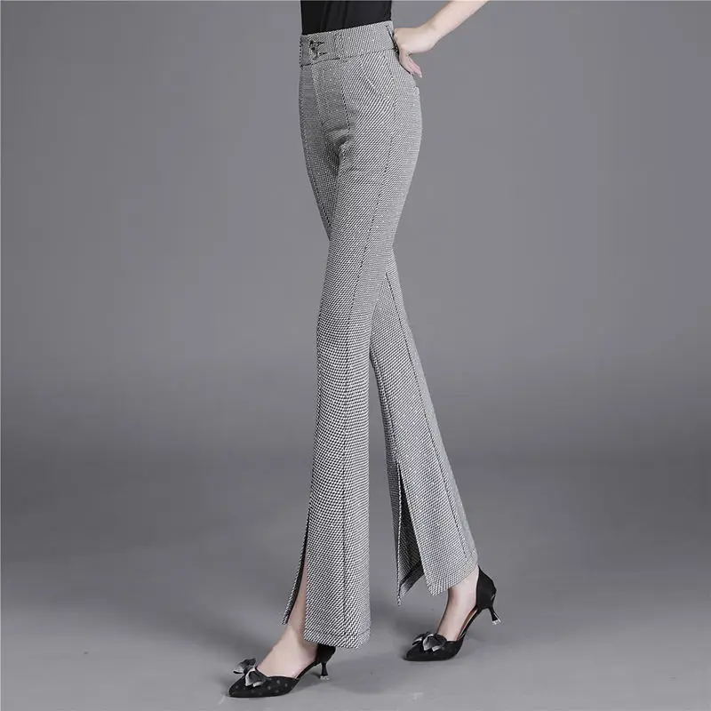 Koreańskie spodnie garniturowe Summer Ice Silk New Women Plaid Pockets High Waist Split Fashion Office Lady Slim Flare Trousers