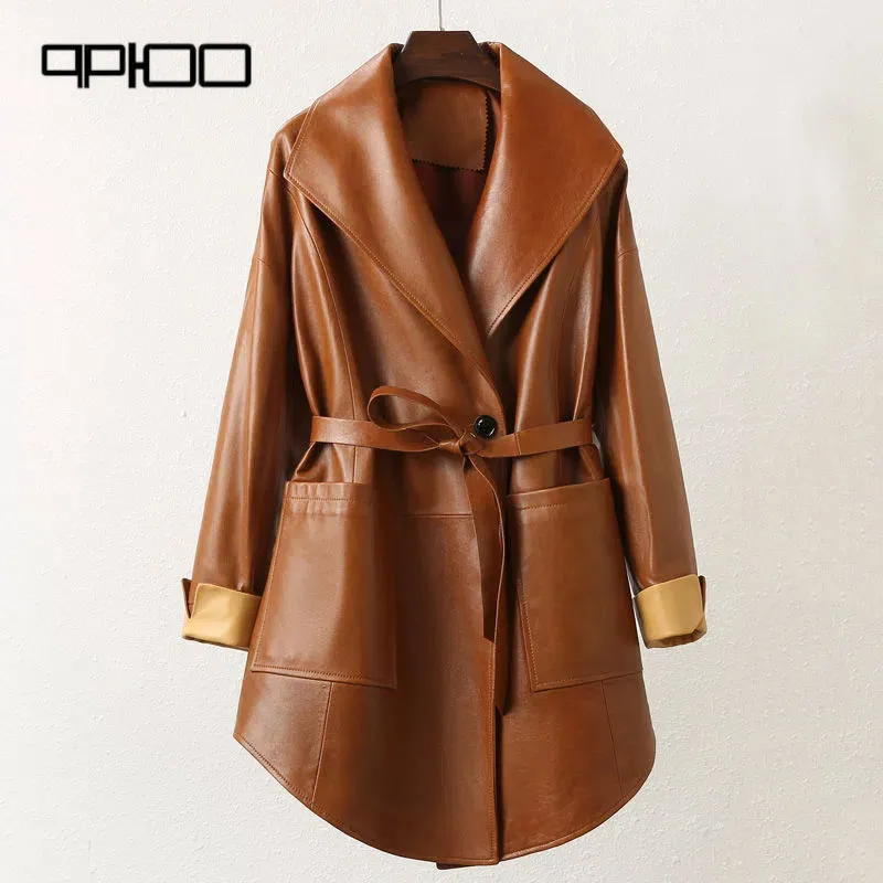 Spring 2023 new qp100  large lapel leather coat women's mid length lace-up sheep loose oversized trench coat