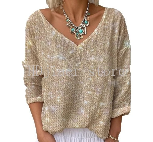 Popular European and American casual 3D printed tops women's V-neck long-sleeved T-shirts