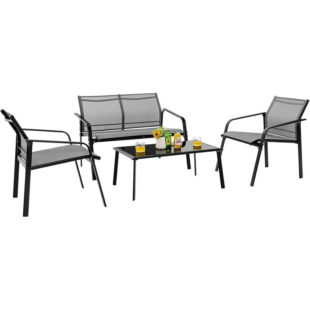 

4-Piece Outdoor Patio Furniture Set: Breathable Fabric Chairs & Loveseat, Tempered Glass Coffee Table, Ideal for Bistro or Garde