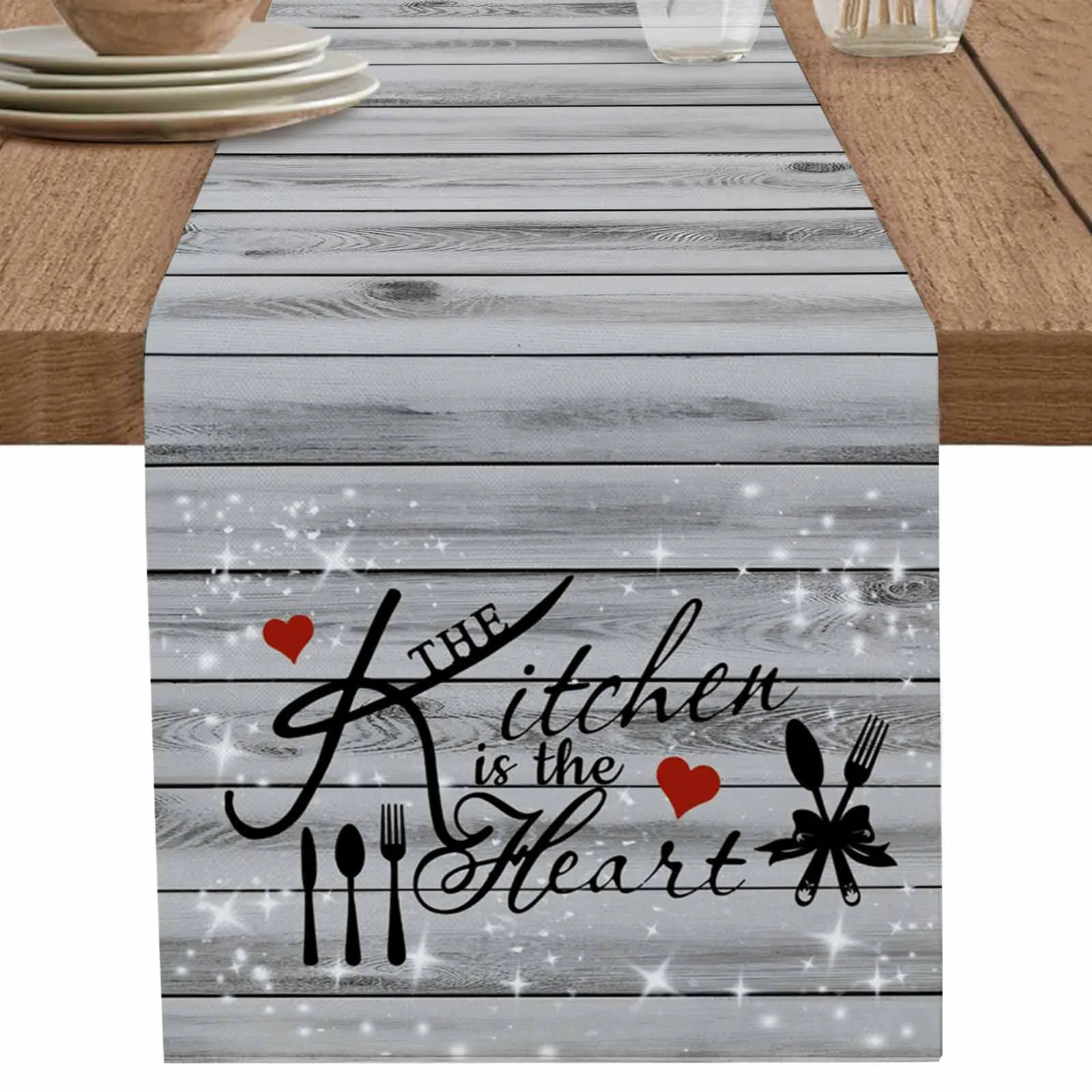

1 PCS Table Runner Wood Grain Kitchen Fork Spoon Love Home Coffee Tablecloth Kitchen Decorative Outdoor Indoor Party Table Decor