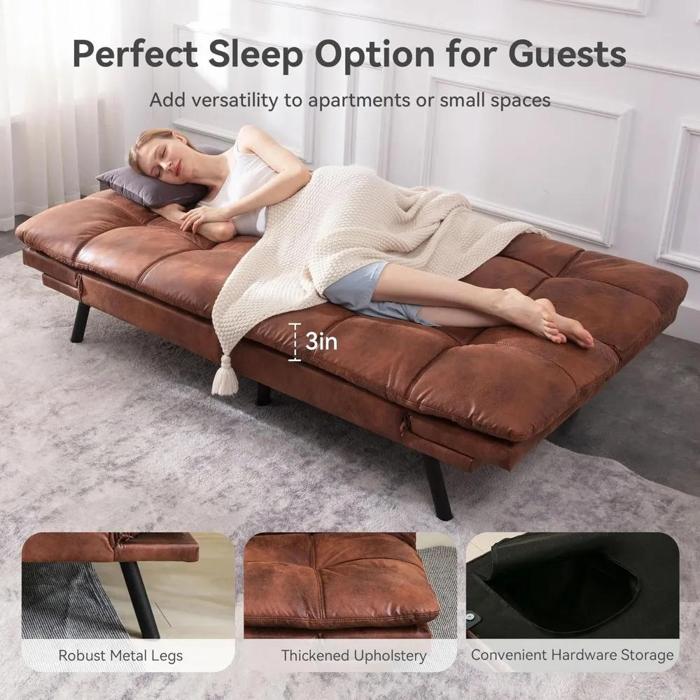 أريكة سرير فوتون حديثة من الجلد الصناعي الفاخر مع مسند ظهر ومسند للذراع قابل للتعديل، نائمة مدمجة بمقعدين #3