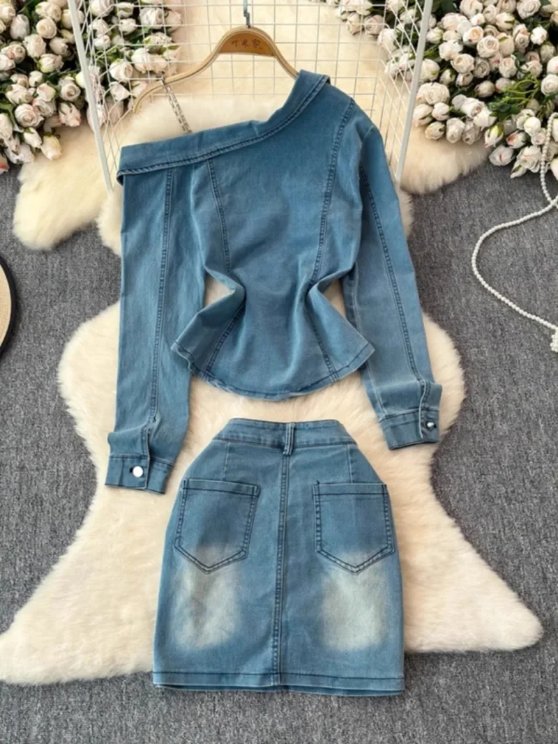 Retro Hong Kong Style Irregular Skew Collar Chain Long Sleeve Denim Top High Wasit Sexy Package Hip Mini Skirts Two-piece Set