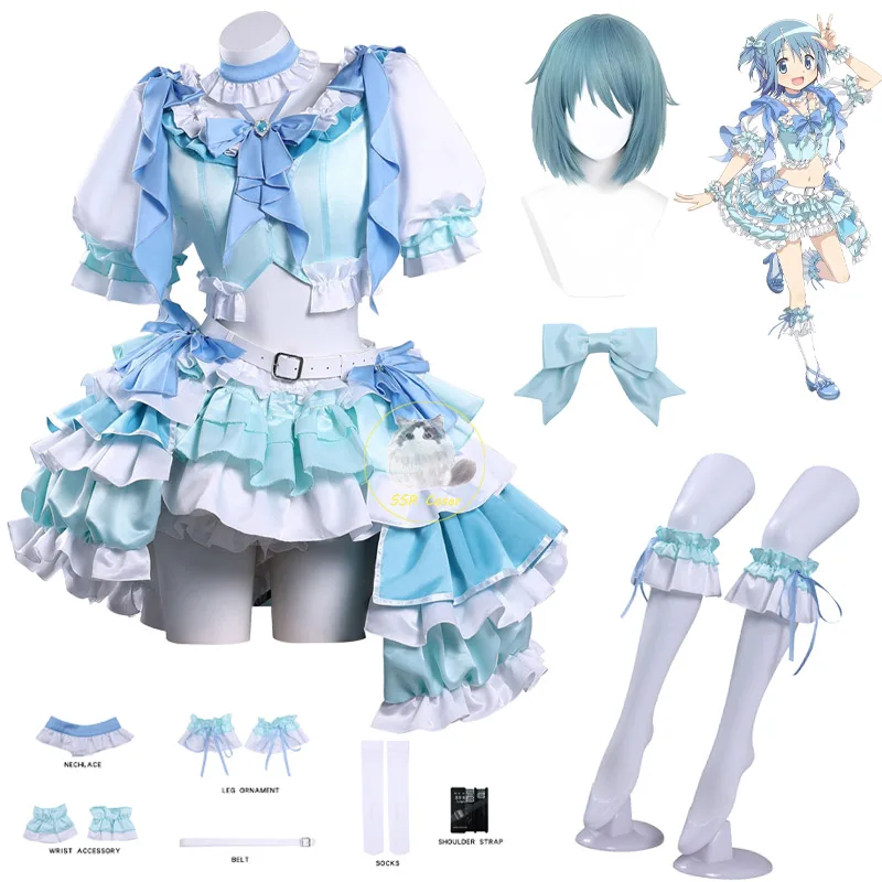 Costume de cosplay Anime Puella Magi Madoka Magica Miki Sayaka, robe bleue, costume de scène, perruque, fête d'Halloween pour femmes