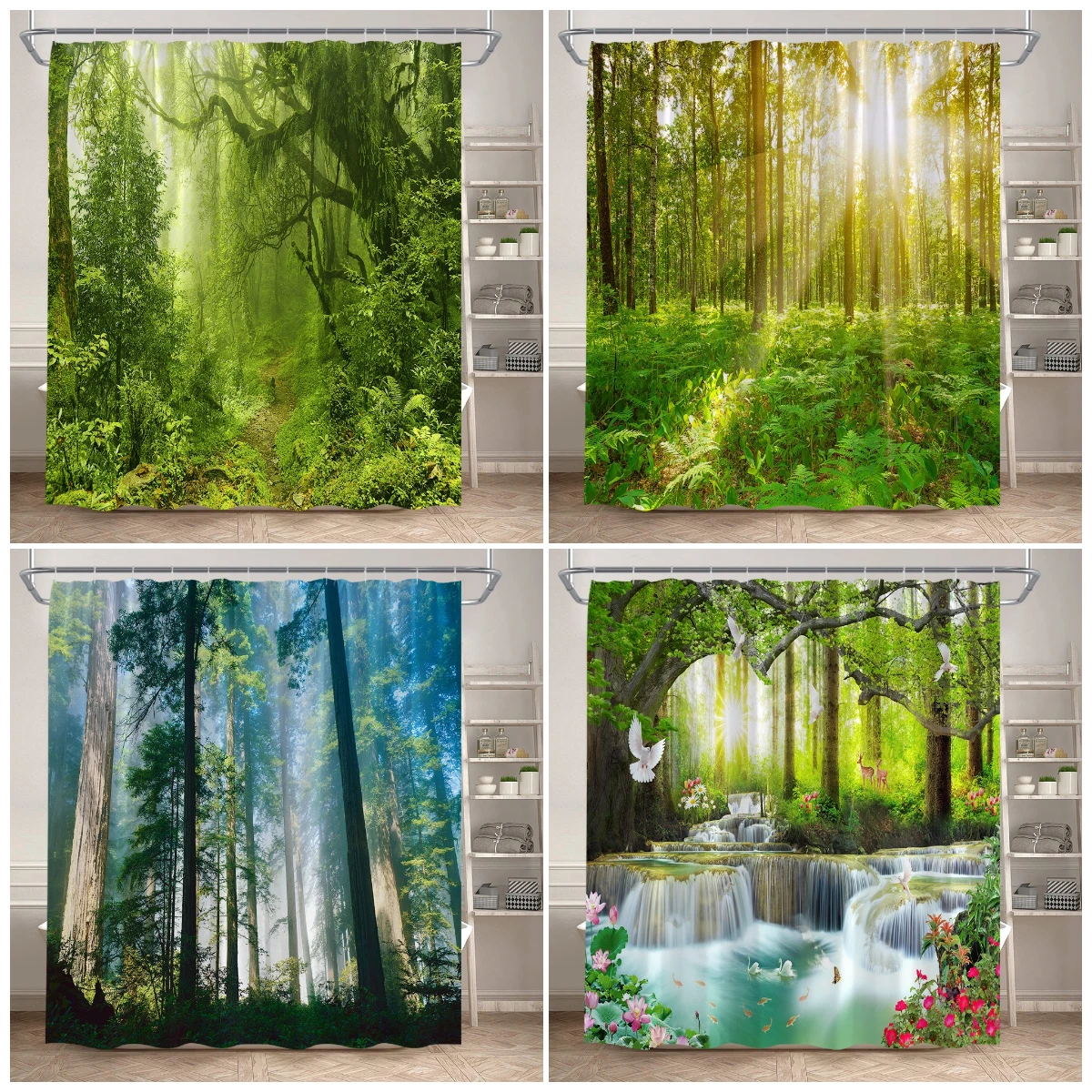 Forest Landscape Shower Curtains Tropical Jungle Green Plant Trees Flower Waterfall Nature Scenery Fabric Bathroom Curtain Decor