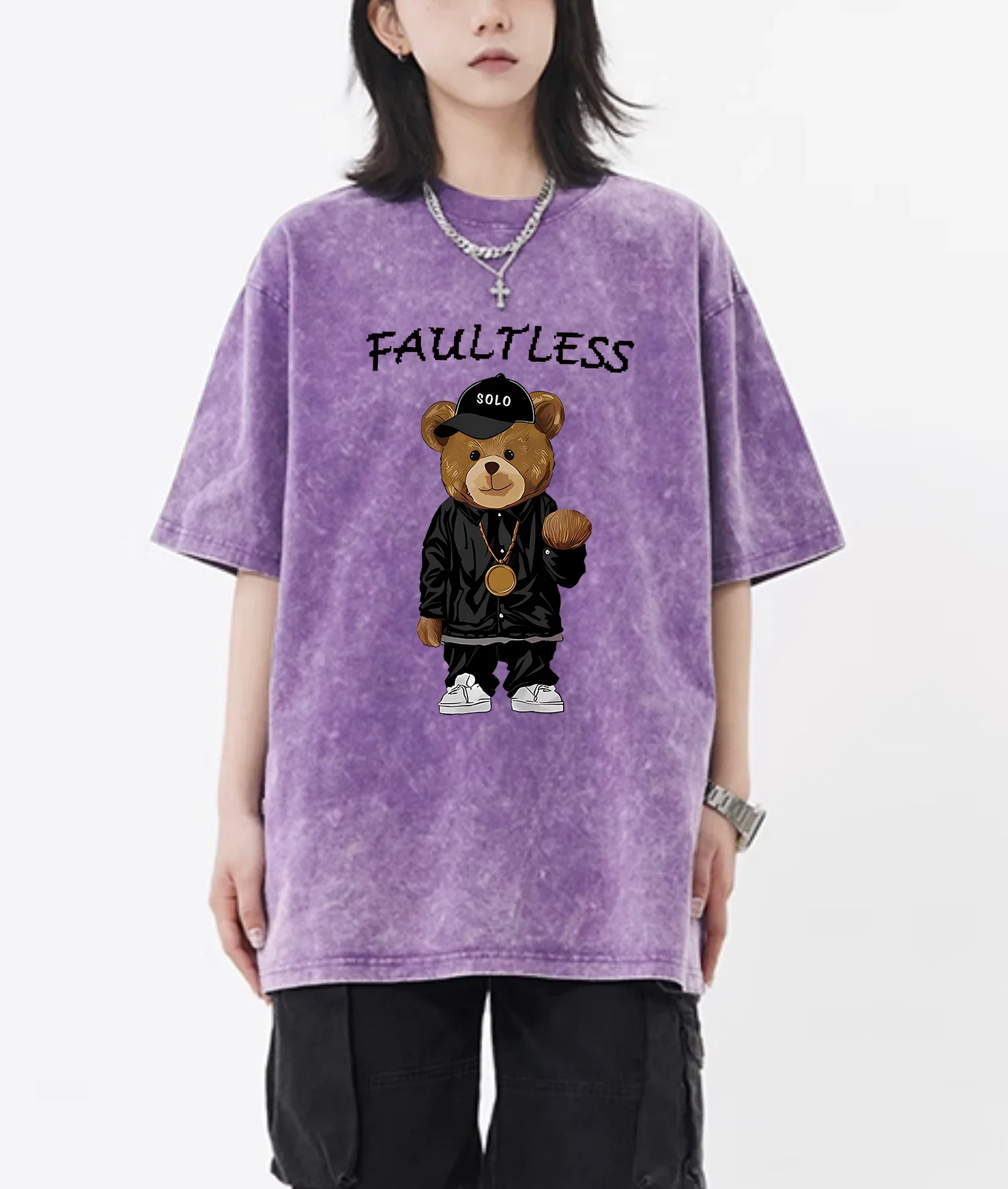 Faultless Fashion Cartoon Solo Bear Pattern Snow Wash Women T Shirt Unisex Casual Tops Cotton Trendy  Washed Tee Hip Hop Clothes