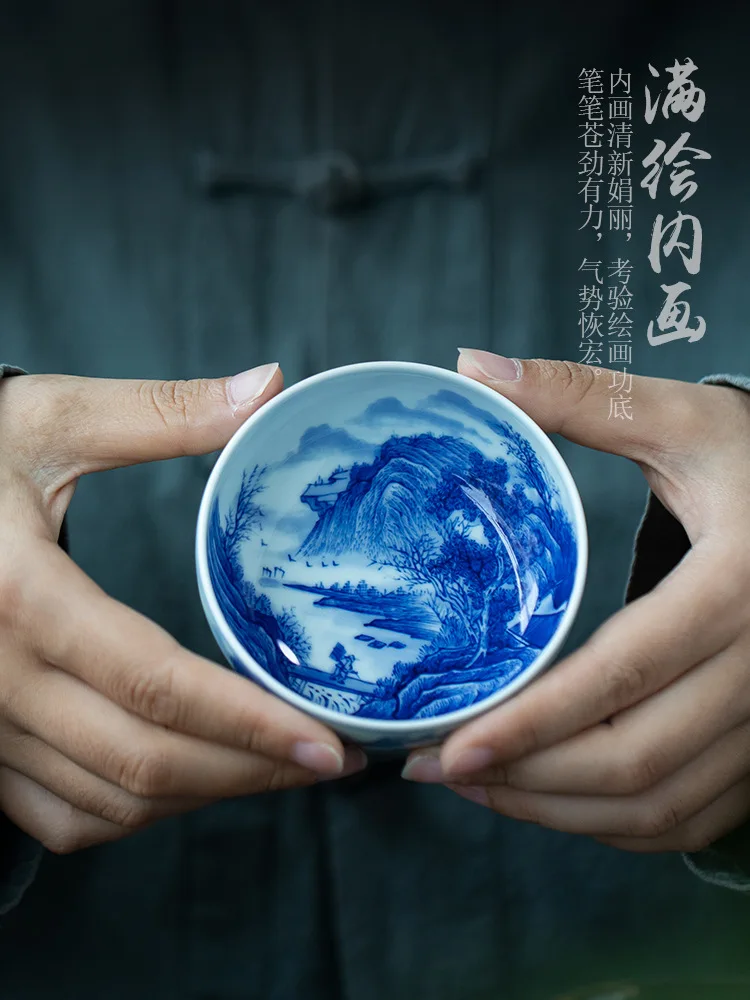 

Jingdezhen Porcelain Hand Painted Blue and White Flower inside outside Full Painting Landscape Cup Handmade Tea Single Set