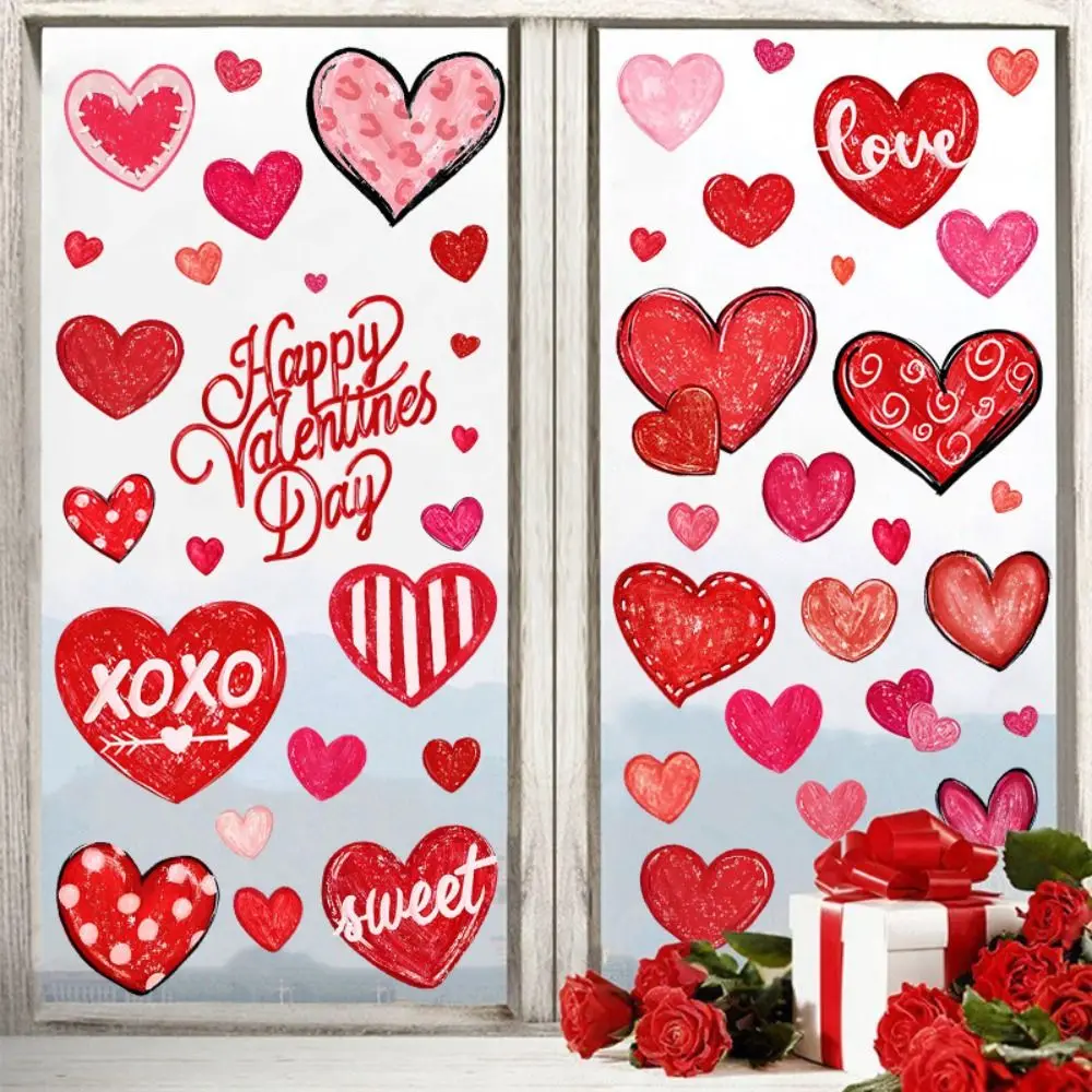 49PCS/6Sheets Heart Shaped Valentine’s Day Love Stickers Romantic Red Window Stickers PVC Wall Stickers Home Decorations