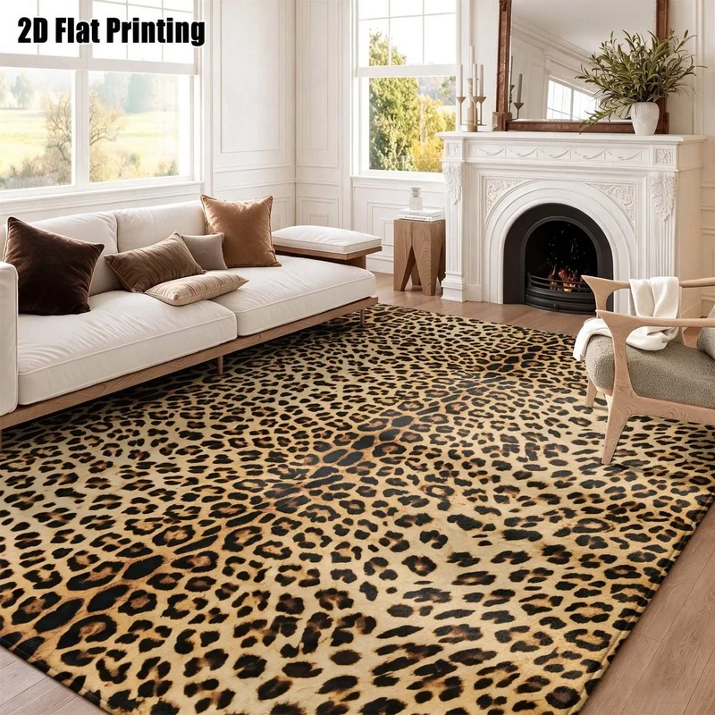 Large Indoor Area Rug, Soft Velvet Low Pile Machine Washable Leopard Print Floor Rug, Warm Tan Black Spotted Cheetah Pattern for Living Room Bedroom Home Decor