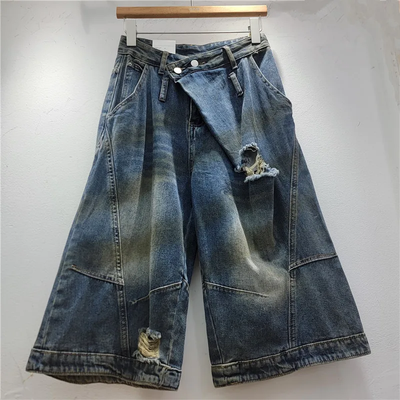 

2026 Summer New Arrival: American Retro Washed Distressed Ripped Jeans, Loose Wide-leg Cropped Jeans for Women - Trendy Style