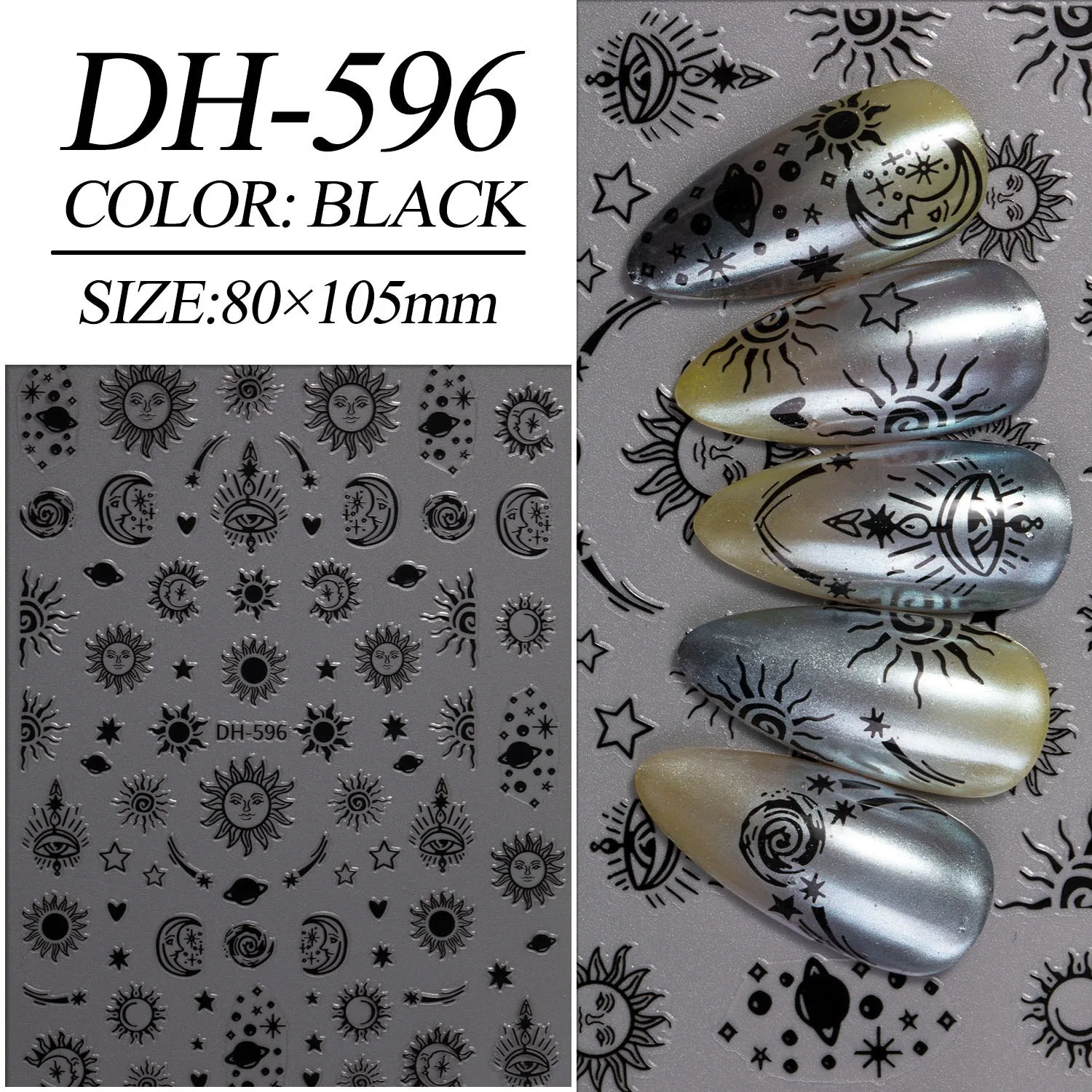 Star & Moon Nail Stickers, Flat 3D Gold & Silver Foil Sun God & Star-Moon Nail Art Decals - Style DH
